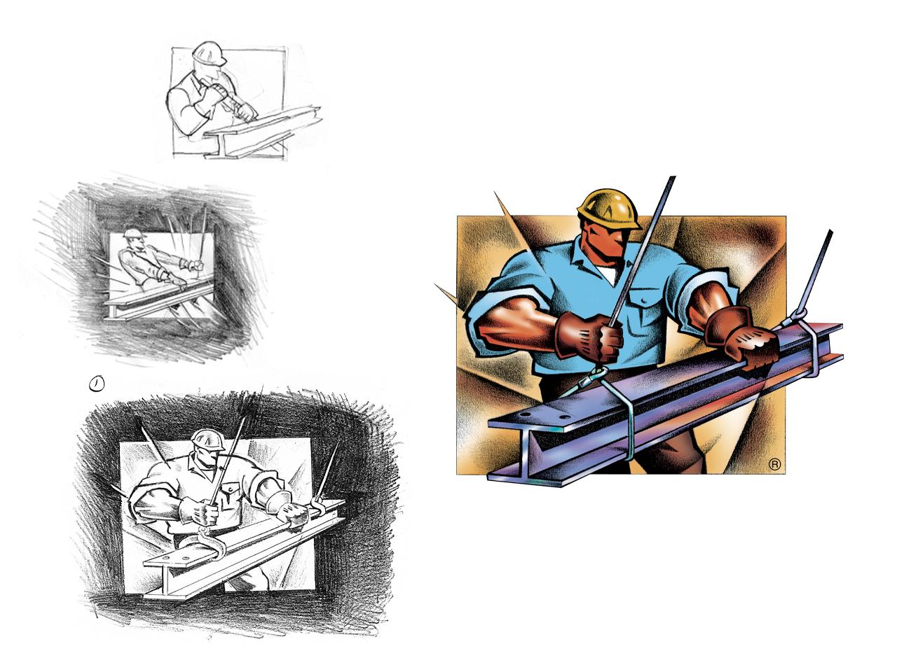 Iterative pencil drawings of the Ironman next to the finished color image.